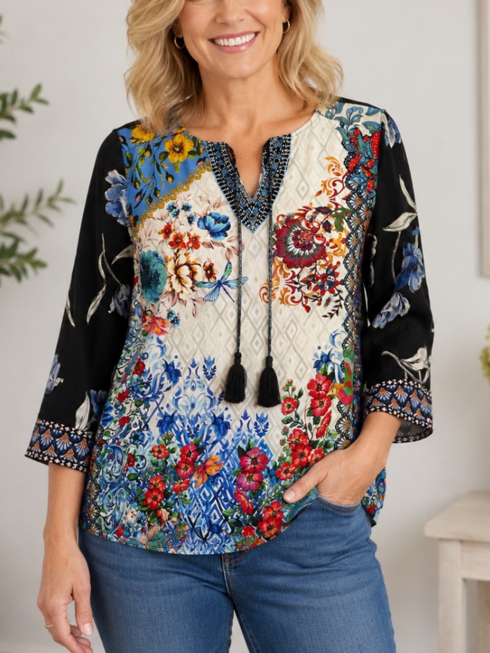 John Mark floral print v neck top with tie embroidery sheer sleeves bohemian